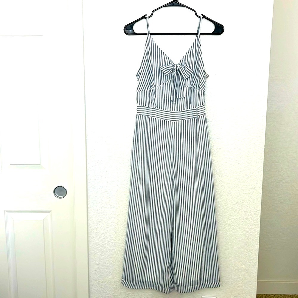 Japna Blue and White Jumpsuit with Wide-Leg Pants and Fitted Waist